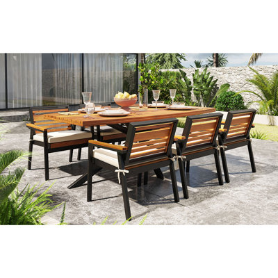 Ensemble de salle à manger moderne 7 pièces en bois d'acacia avec structure en fer, 6 chaises avec structure de siège en fer et en bois double couche et coussins amovibles