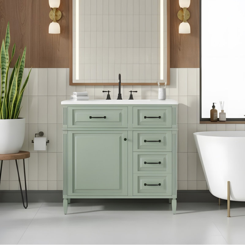 Meuble-lavabo autoportant de 36 pouces avec comptoir de lavabo en céramique, tablettes réglables et poignées en métal (robinet non inclus)
