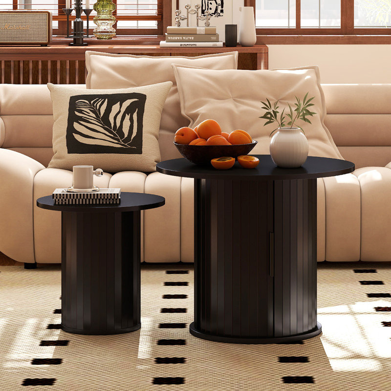 Table basse gigogne en bois avec espace de rangement caché, ensemble de 2 tables basses à plateau rond avec structure en métal