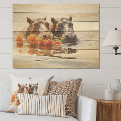 Grey Rivers Romantic Serenade - Hippopotamus On Wood Print