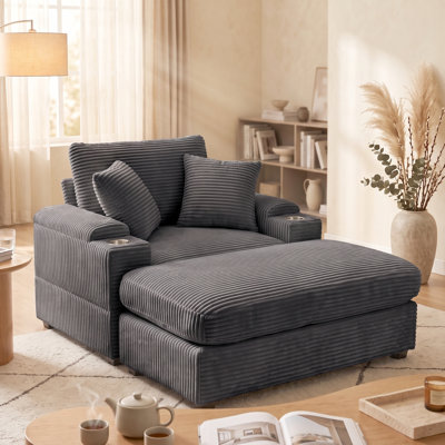 50" Corduroy Oversized Indoor Lounge Chaise, Upholstered Sofa with Ottoman, Storage Armrest & Cup Holder, Modern Sofa Bed Reclining Chair for Living Room, Bedroom