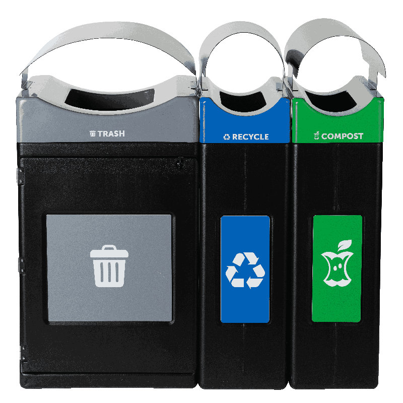 Poubelle à 3 jets, zone de recyclage et de compostage Commercial Zone Avante, unités étroites de 3 à 30 gallons avec couvercles d'auvent, doublures incluses