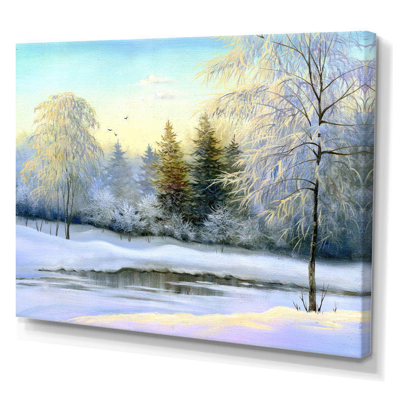 «Beautiful Winter River Landscape Pendant Sunset», peinture sur toile, Toile tendue, H 12 po x l 20 po