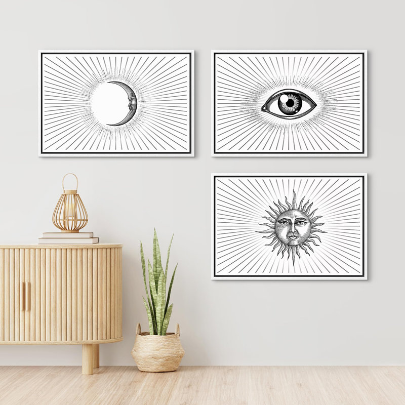 "Soleil, lune et œil avec lignes lumineuses" 3 pièces, Cadre blanc, H 24 po x l 36 po