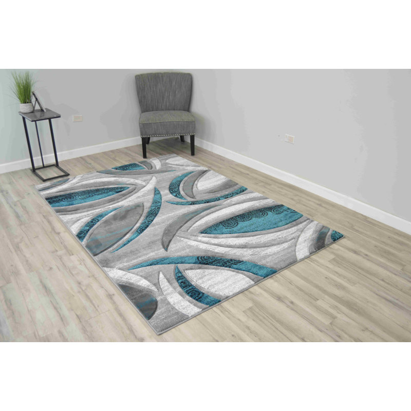 Tapis décoratif turquoise/gris à motif abstrait McCampbell, Rectangle 5 pi 3 po x 7 pi 6 po