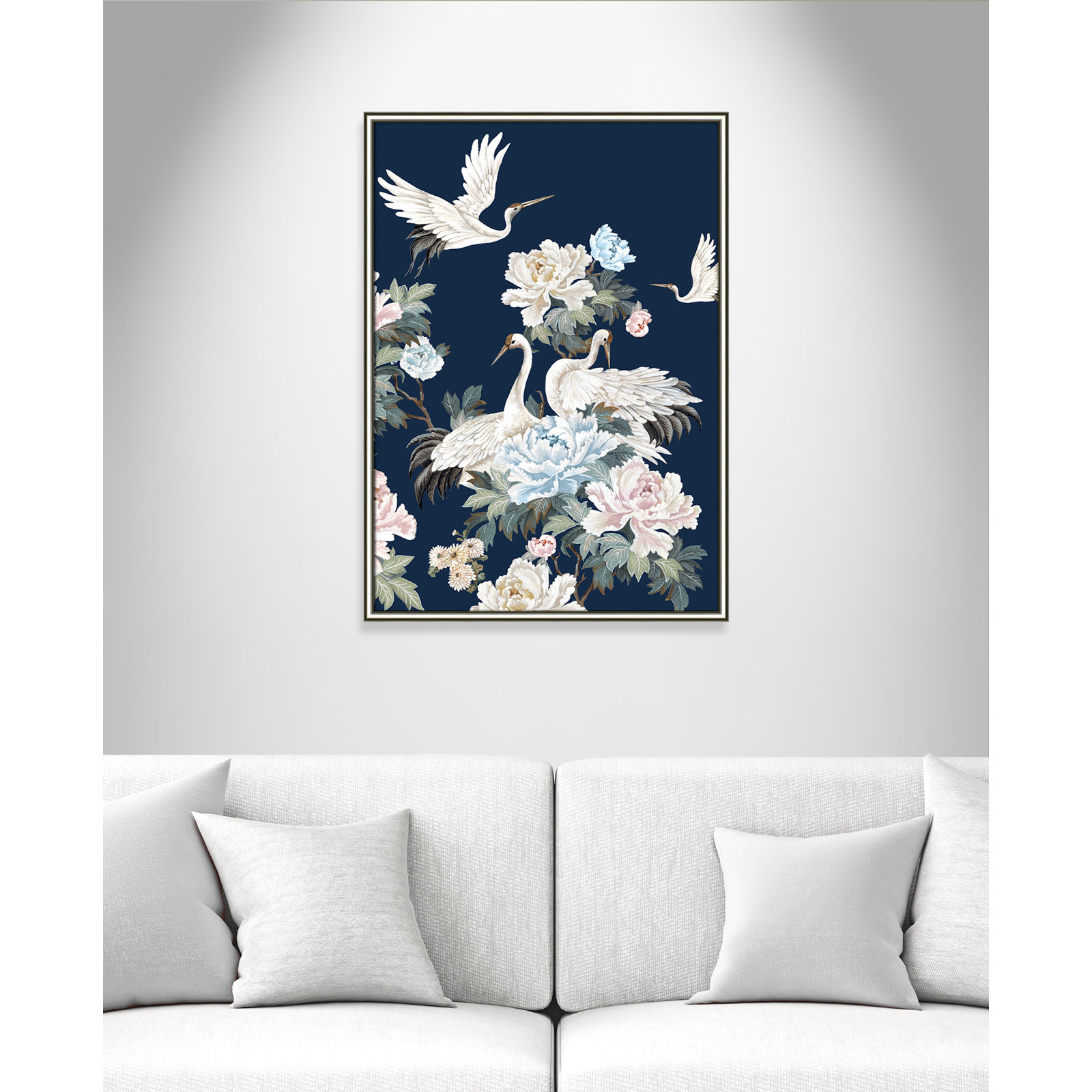 Danbury "Pearly White Cranes II" Painting, 36.75" H x 26.75" W x 0.88" D, Silver