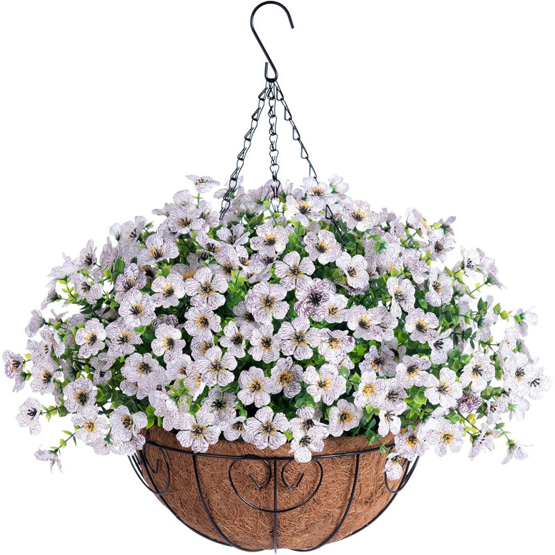 Artificial Faux Hanging Plants Flowers Basket for Summer Outdoor Outside Decoration, Creamy White