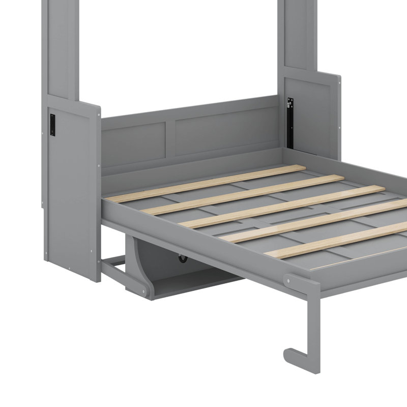 Grand lit escamotable avec bureau, lumières DEL et USB, Gris