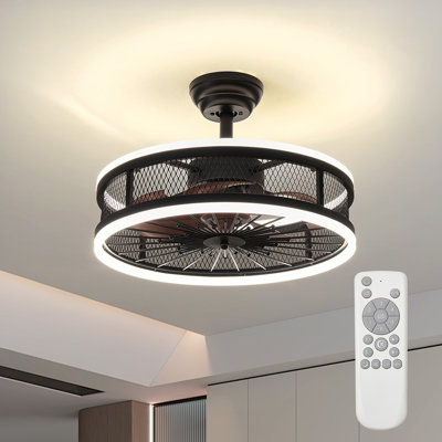19.7" Industrial Caged LED Ceiling Fan Light with Remote Control, Dimmable, 3 Color Temperatures Selectable