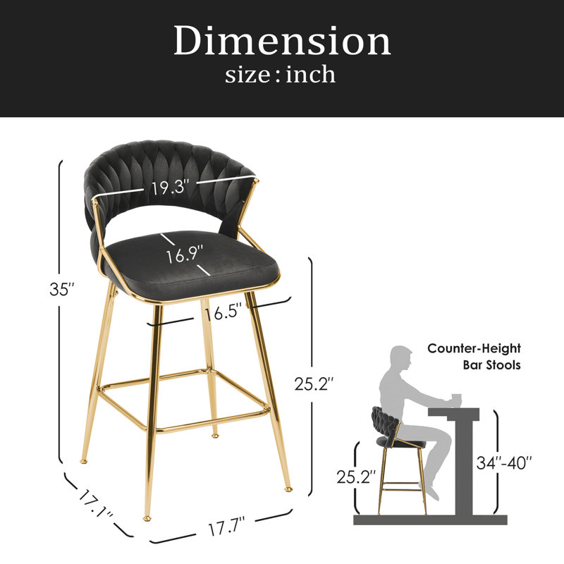 Tabouret de comptoir moderne en velours de 25,2 po avec accents dorés, conception ergonomique et siège moelleux pour îlot de cuisine et bar