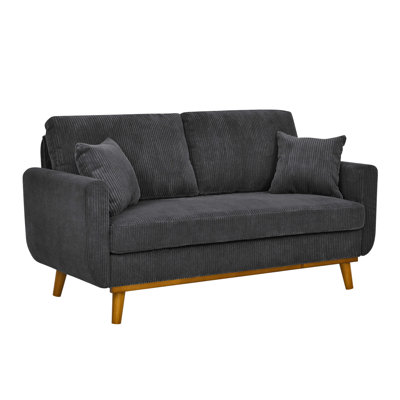 Velours côtelé gris Mid-Century 2 places avec lignes épurées, texture à canal vertical, pieds fuselés, base en bois massif et deux coussins décoratifs pour les petits espaces de vie avec base, dégagement pour les jambes
