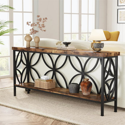 Console industrielle très longue de 70,9 pouces, table de canapé étroite derrière le canapé avec tablettes de rangement ouvertes, table d'entrée rustique pour couloir, vestibule ou salon, structure en métal, brun rustique
