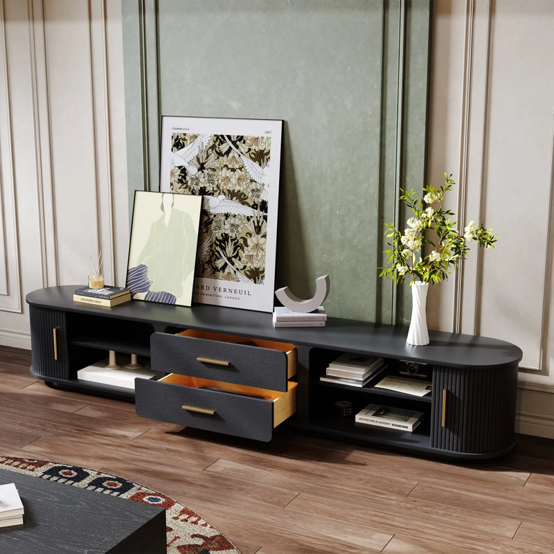 Minimalist Wood Media Console with Roller Shutter Door, Fully Assembled, Black, 16.54"H x 94.49"L x 15.75"W