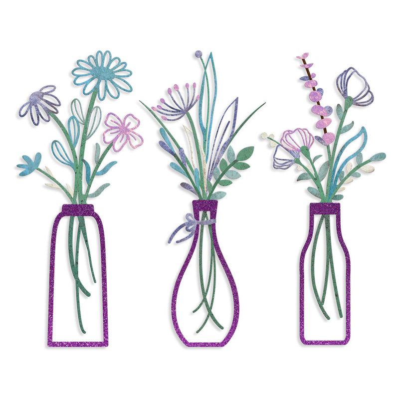  3-Piece Metal Flower Wall Art Set, Minimalist Boho Wall Decor, Purple