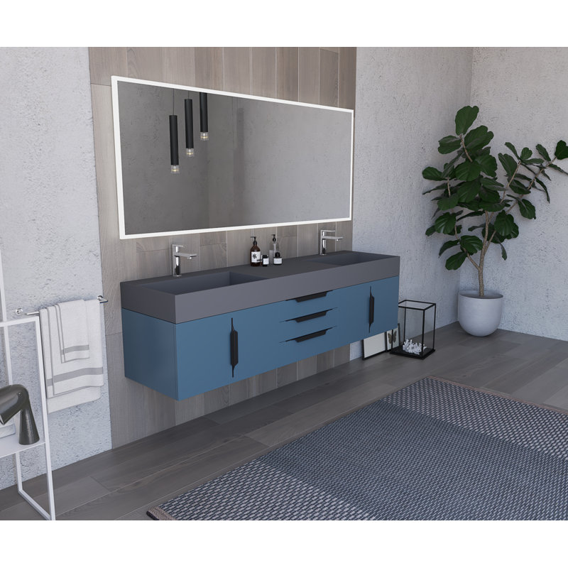 Clelie 72'' Double Bathroom Vanity with Solid Surface Top, Black, Black, Blue