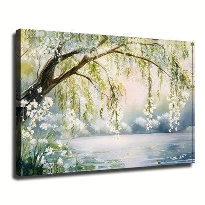 Tableau encadré représentant un saule pleureur - de majestueuses fleurs blanches et un feuillage vert luxuriant, une décoration élégante pour votre intérieur, une œuvre florale apaisante pour votre salon.