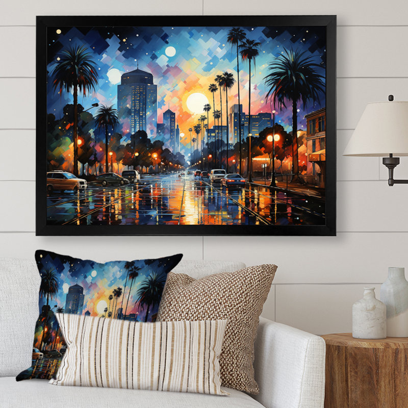 «Palms Trees Urban At Night», reproduction sur toile, H 16 po x l 32 po x P 1 po, Cadre photo noir
