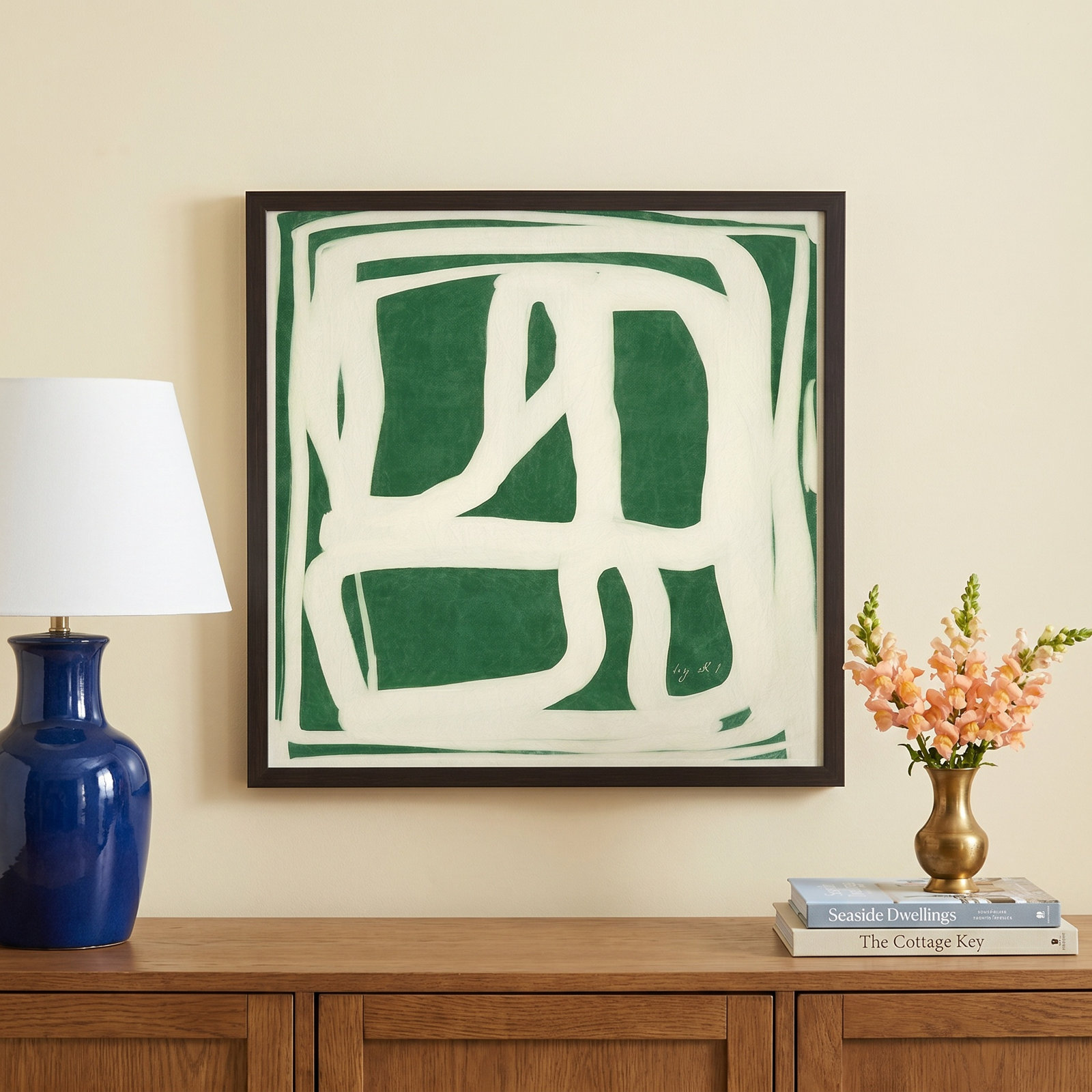 Green White Movement Painting by Ivy and I, 20" H x 20" W x 0.75" D, Espresso Framed Paper, Yes