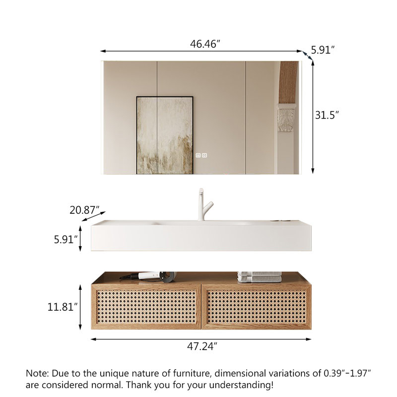 Meuble-lavabo en bois massif et en rotin, style bois, avec lavabo intégré en pierre frittée thermoformée et armoire à miroir intelligent