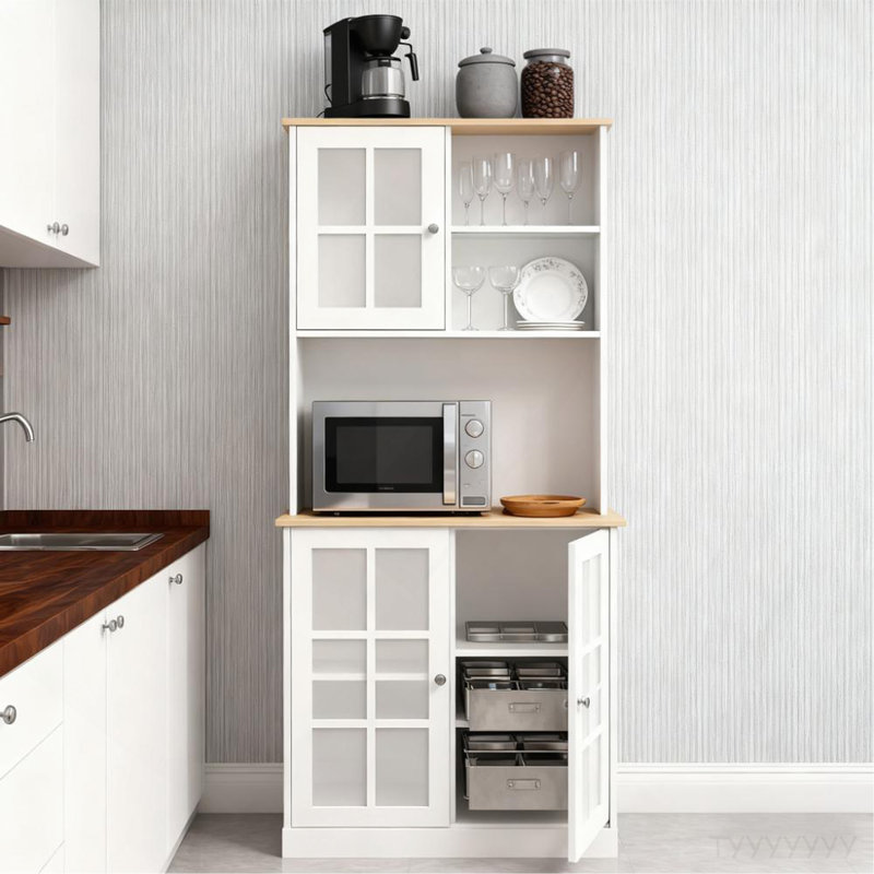 Large Countertop Kitchen Pantry Cabinet,Freestanding Storage Cabinet With Hutch,Glass Doors And Adjustable Shelves