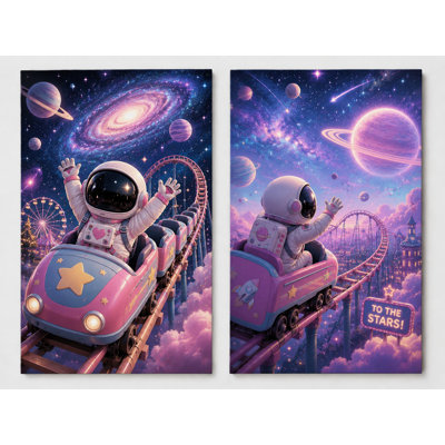 Grand ensemble de 2 adorables astronautes sur toile, "Pastel Space Adventure Decor" pour chambre d'enfant, impression sur toile 16 x 24 pouces - prête à être accrochée