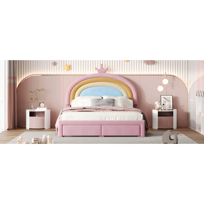 Upholstered Rainbow Design Bed, Velvet Princess Platform Bed With Storage Drawer, No Box-Spring Needed,Colorful&Pink, Full XL