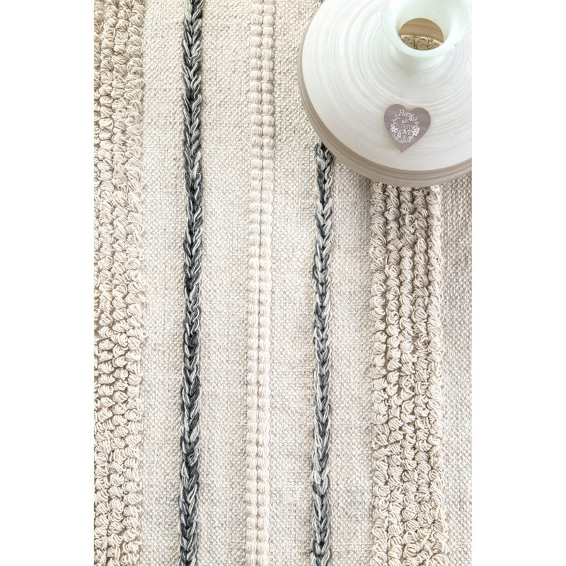 Tapis touffeté à la main rayé blanc cassé / noir / argenté Mylie-Jay, Rectangle 5 pi x 8 pi