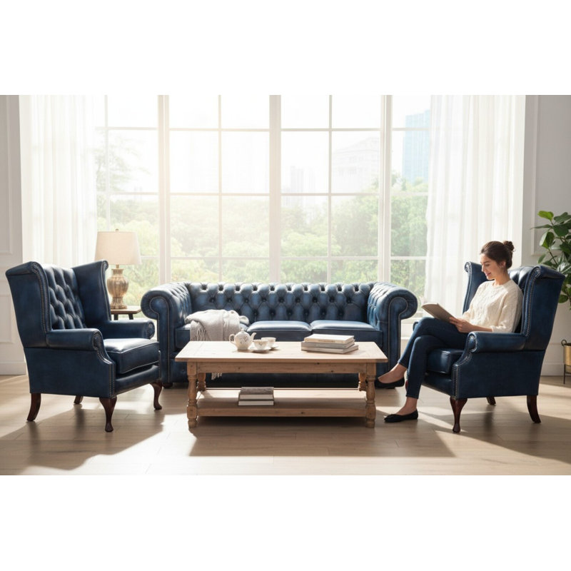 Chesterfield 3 Seater Sofa + 2 X Queen Anne Chairs Leather Sofa Suite Offer, Blue