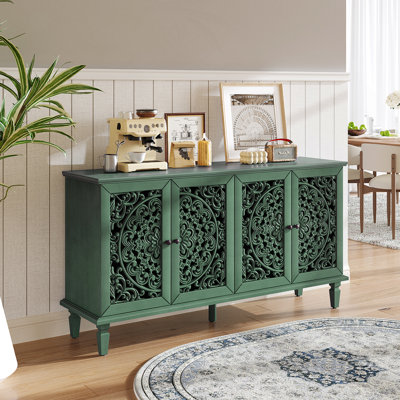 60" Antique Buffet Cabinet With Floral Carvings With Solid Wood Legs&Antique Brass Handles&Adjustable Shelves, TV Stand For 65''+ TV, Sideboard For Living Room,Dining Room(Antique Green)