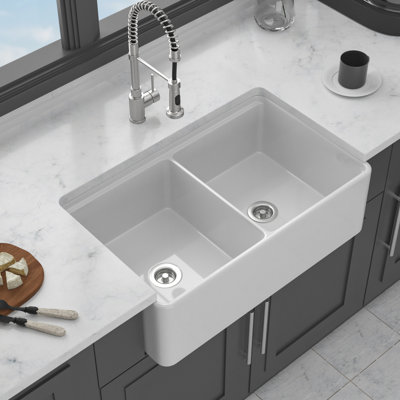 White, 33", Double Bowl, Kitchen Sink, Ceramic, Extreme Strength, Durability, Easy To Maintain, Track For Extra Workspace