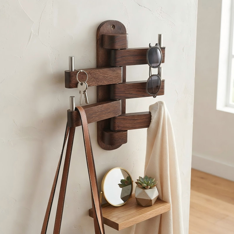 Portemanteau mural pivotant en bois avec 5 crochets pliables