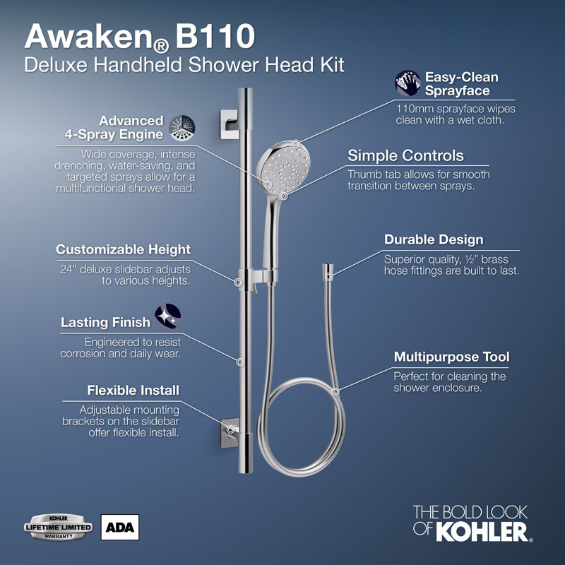 Awaken B110 1.75 GPM Deluxe Slidebar Kit, Polished Chrome