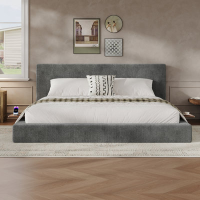 California King Cloud Bed Frame with Sliding Side Shelves, Soft Plush Upholstered Platform Bed with Padded Headboard, Low Profile Bed Frame with Thick Cushioned Edges