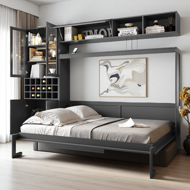 Lit escamotable mural avec canapé, tablettes USB et lumière Murphy, Gris, Double
