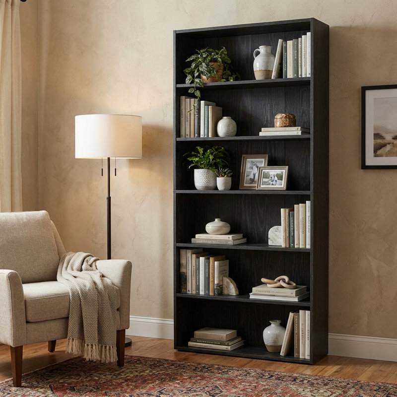 Bibliothèque à 63 niveaux H 63,3 "x l 31,5" avec tablettes réglables et structure robuste en forme de H, Noir ébène