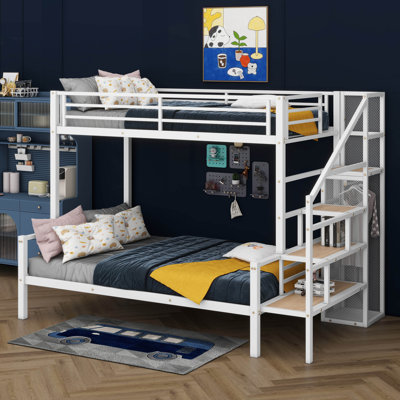 Twin over Full Size Metal Bunk Bed with Storage Staircase and Open Wardrobe,