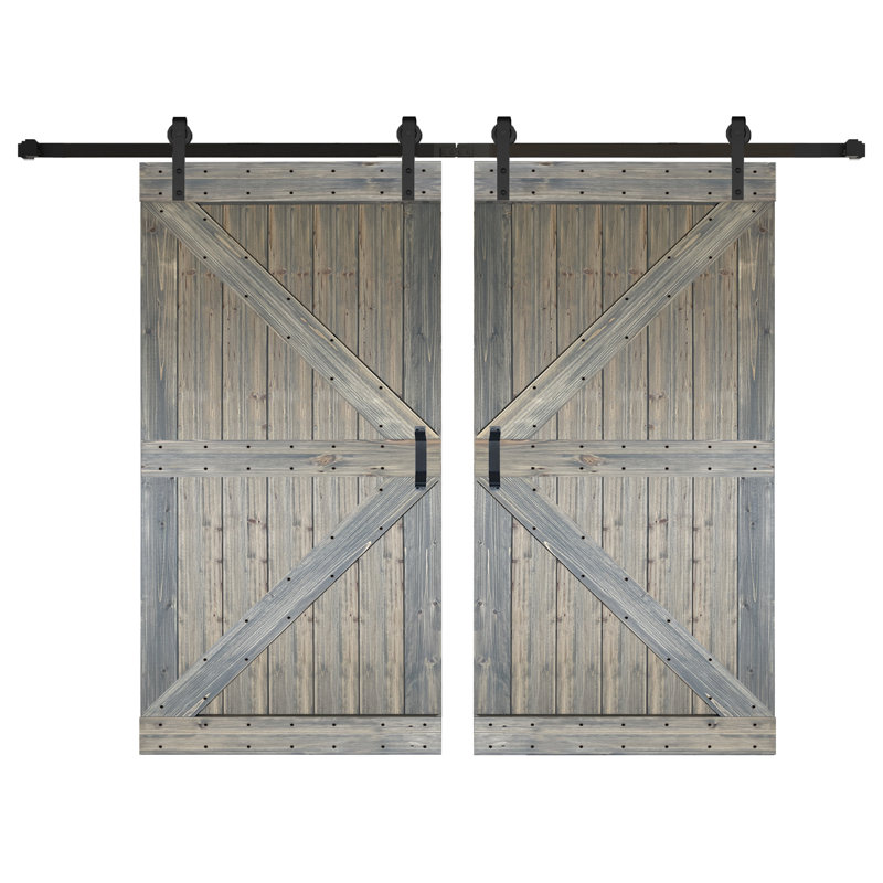 K Style Solid Core Wood Double Sliding Barn Door with Hardware Kit -Assembly Needed, Aged Barrel, 84" x 84"