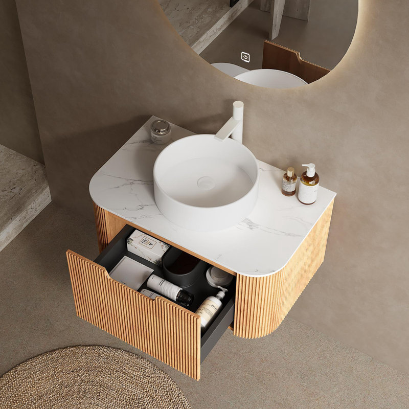 Meuble-lavabo mural avec lavabo en marbre artificiel, Bois naturel