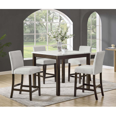 5PCS Counter Height Dining Set, Square Faux Marble Table With 4 Upholstered Chairs
