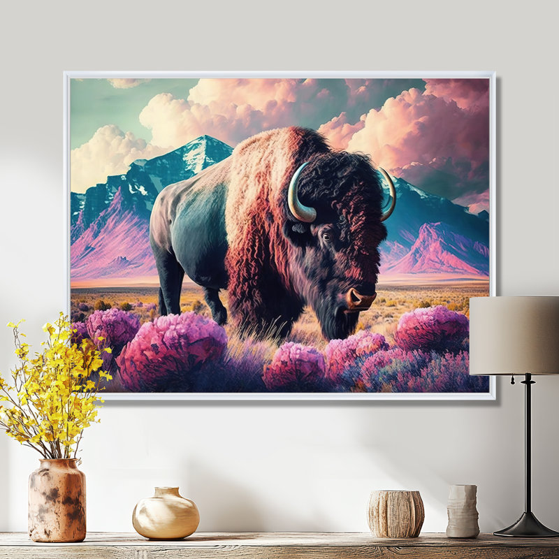 Buffalo avec paysage - impressions sur toile Buffalo / Bison, H 12 po x l 20 po x P 1 po, Cadre flottant blanc