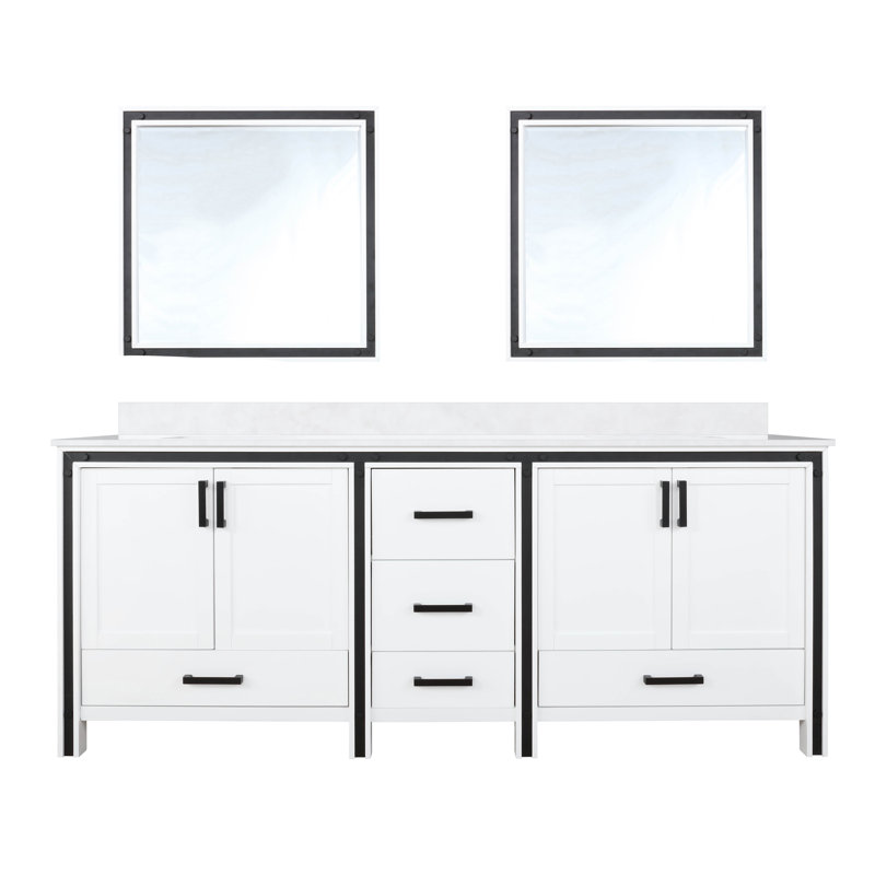 Meuble-lavabo double l 80 po x P 22 po avec plateau blanc et miroirs 30 po Ziva, Blanc, Quartz blanc