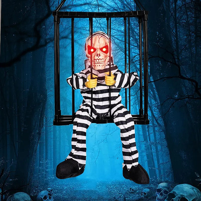 TRIXES Animatronic Caged Skeleton Doll | Hanging Halloween Decoration | Battery-Powered | Screams and Trembles to Frighten and Delight