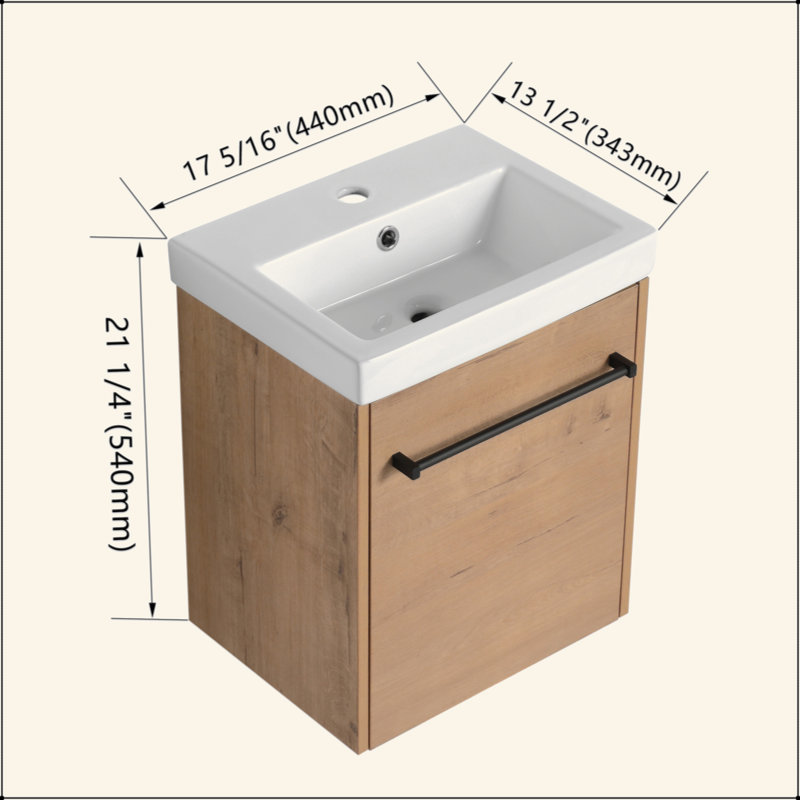 Meuble-lavabo flottant mural 18 po avec lavabo en céramique et porte d'armoire à fermeture en douceur, pour petite salle de bain
