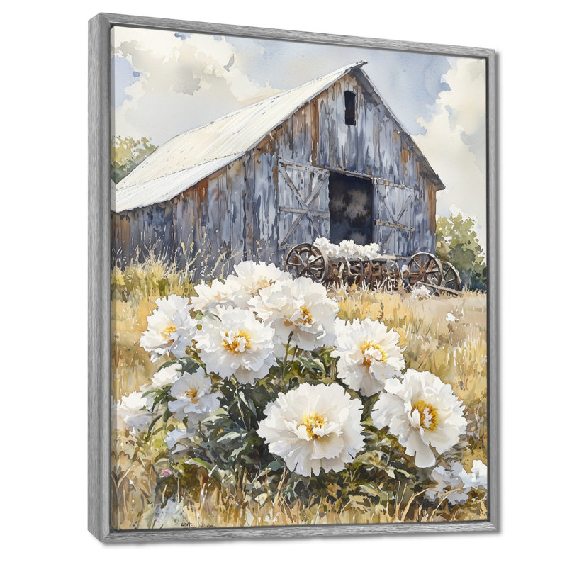 Pe pivoines près de la laiterie, H 32 po x l 16 po, Reproduction avec cadre flottant, Argent argent