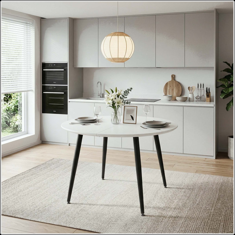 Round Extendable MDF Dining Table with Black Metal Legs