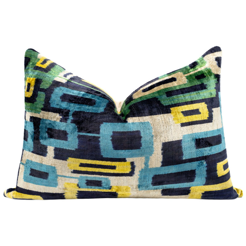 Velvet Lumbar Pillow Cover & Insert, Blue/Green/Yellow Geometric 2