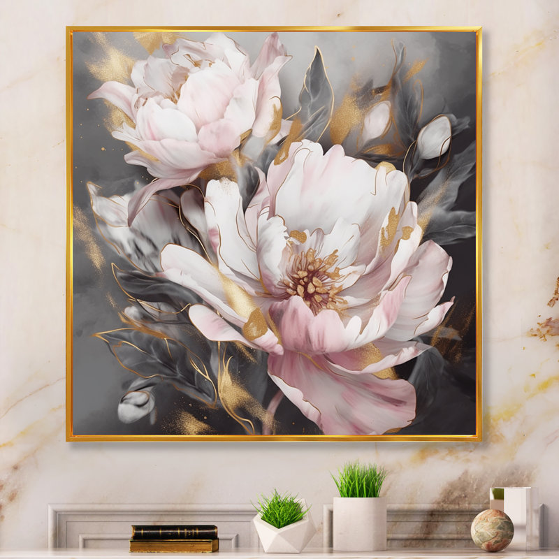 Pink Grey Peonies Elegance II - Print, 36" H x 36" W, Floater Framed, Gold