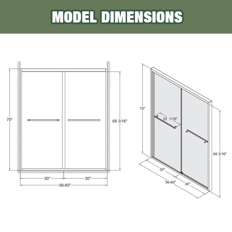 56-60"x70" Aluminum Frame Double Sliding Shower Door,Bypass Bathroom Sliding Door with Premium 5/16" (8mm) Clear Tempered Glass, Chrome Hardware Sliding Glass Shower Enclosure
