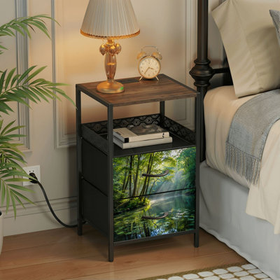 Table de chevet 2 tiroirs avec station de charge, table de chevet avec ports USB et amp; Imprimé Outlets Outlet
