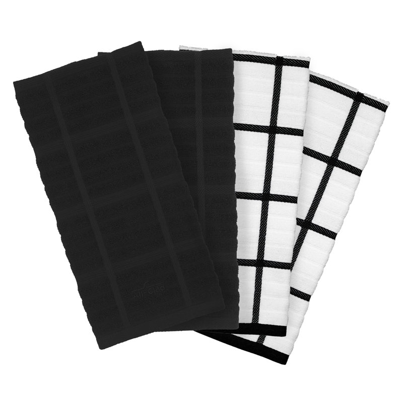Black and White Cotton Terry Kitchen Towel Set of 4
